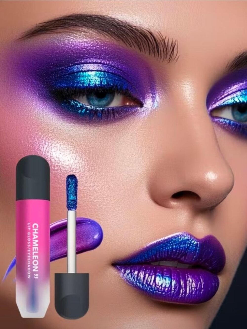 Chameleon ✦ Multichrome Lip Gloss Eyeshadow Duo ✦ Metallic Purple Blue Shimmer - Picture 4 of 6